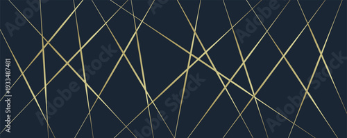 Straight chaotic golden lines intersecting on deep navy blue background. Abstract geometric luxury pattern