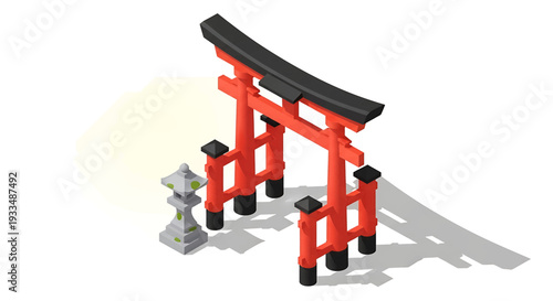 Traditional Japanese Torii Gate and Stone Lantern in Isometric View
