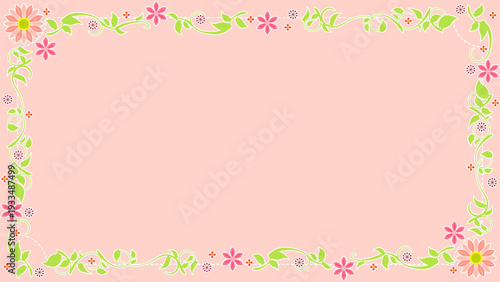 ピンク色の可愛い花と植物フレーム型背景