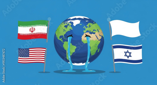 Planet crying, symbolizing tensions or diplomacy: flags of Iran, the United States, and Israel, symbolizing geopolitics and international relations, vector illustration.