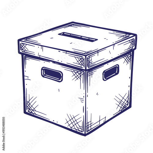 A blue sketch of a ballot box with handles on the sides and a slot on top for voting purposes