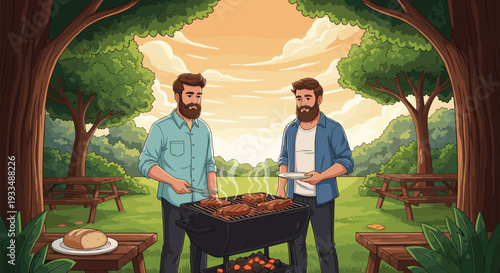 Two handsome bearded friends grilling thick juicy steaks on outdoor barbecue grill during a beautiful summer sunset in the green forest nature.