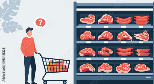 Confused young male customer with shopping cart looking at fresh raw meat varieties displayed in supermarket refrigerator thinking about what to buy.