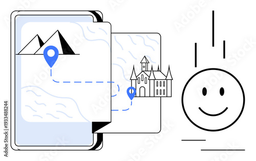 Navigation map concept. Navigation shows routes between landmarks and destinations. Navigation improves travel planning and direction accuracy dynamically. Ideal for travel, technology, education