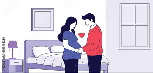 Loving young husband affectionately holding his pregnant wife's hands in a cozy bedroom preparing for their new baby.