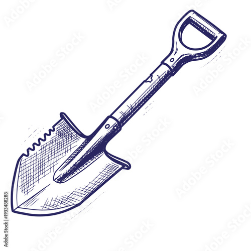 blueillustrationofashovelwithahandleandserratededgeforgardeningordigging