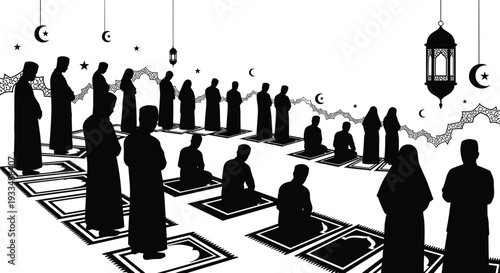 Title: Silhouette of devout Muslim congregation performing Islamic prayer together on prayer rugs with decorative lanterns and crescent moon background.