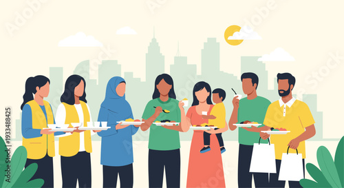 Title: Diverse group of happy Muslim and non-Muslim friends enjoying a festive community meal together outdoors against a modern city skyline.