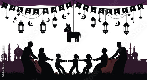 Title: Silhouette of happy Muslim family playing tug of war game together under festive Ramadan bunting and lanterns with mosque background.