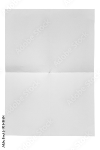 White sheet of paper showing creases from being folded and unfolded. Blank surface providing a versatile background for mockups. Isolated