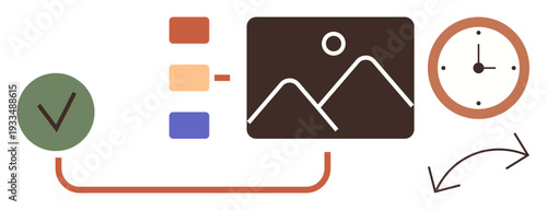 Digital organization, time management, productivity, workflow tasks, planning tools, project tracking. Checklist, image panel clock and arrows a digital process. Workflow and time management