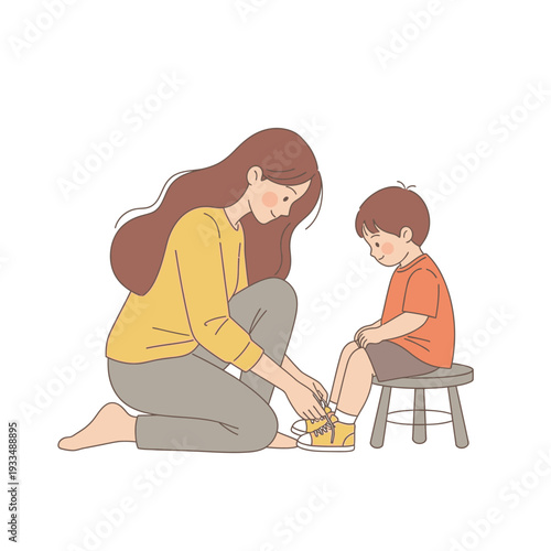 Mother Assisting Young Son with Shoes.