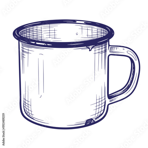 Sketch of a metal mug with handle on the right side in dark blue lines on white background