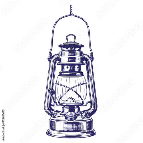 Vintage kerosene lantern with handle and glass chimney isolated on white background