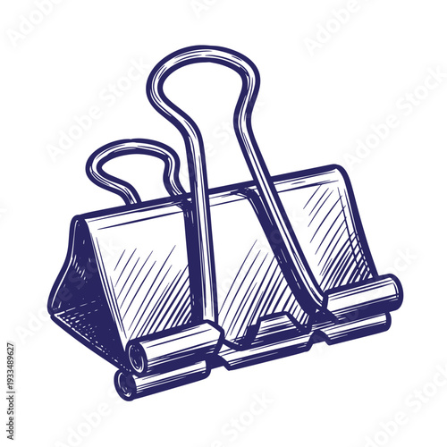 Vintage style illustration of a metal binder clip on white background  office supply item for holding papers together