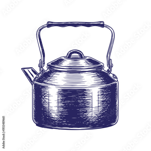 Vintage style illustration of a metal kettle with a handle and lid  kitchenware  home appliance