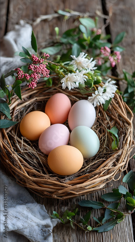 Stock style hyper realistic high quality photo colorful Easter eggs arranged in a rustic wicker basket on wooden table spring flowers around bright natural