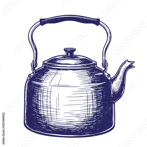 Vintagestyle illustration of a metal kettle with handle and spout on transparent background