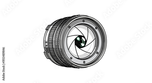 Detailed black and white illustration of camera lens with visible aperture blades.