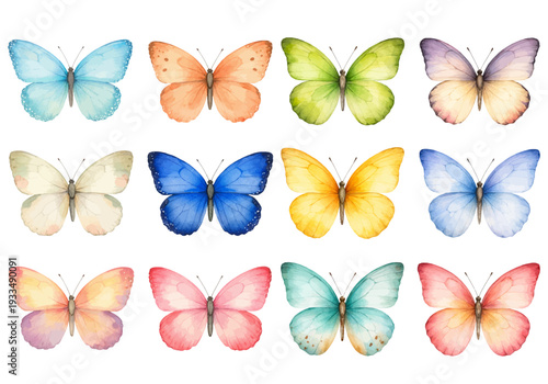 A charming watercolor collection of bright butterflies for nursery decor and wall art.