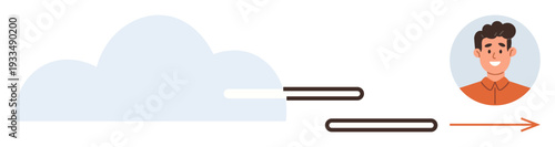 Data exchange, cloud technology, digital communication, user connection, online storage, streamlined interface. Cloud transferring data to a smiling persons profile via lines. Data exchange and cloud