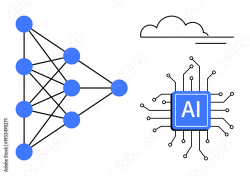 AI technology, neural networks, cloud integration, data processing, machine learning, digital transformation. Neural network diagram and AI microchip icon. AI technology and neural networks concept