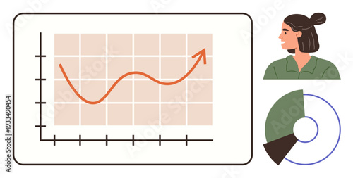 Business strategy, growth analytics, data visualization, presentation, teamwork, planning. Chart with upward curve, pie chart female figure. Business strategy and growth analytics concept