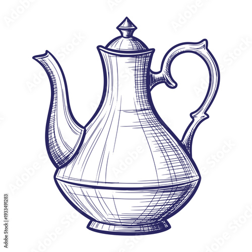 Blue and white of a teapot with a long spout and handle black lines
