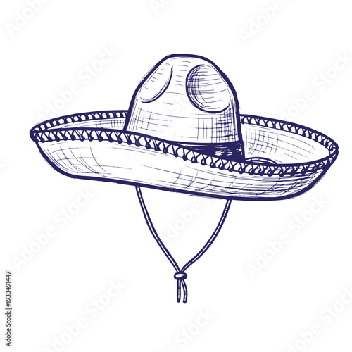 Blue line of a sombrero with chin strap line chin strap brim