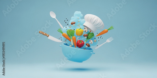 3D Render of Flying Fresh Vegetables with Chef Hat and Kitchen Utensils Hovering Over Blue Cooking Pot for Healthy Food Culinary Arts and Recipe App Backgrounds