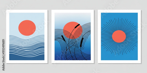 Abstract Sunrise and Ocean Wave Wall Art Set with Minimalist Sun, Water Lines and Modern Geometric Illustration for Contemporary Posters and Interior Decor
