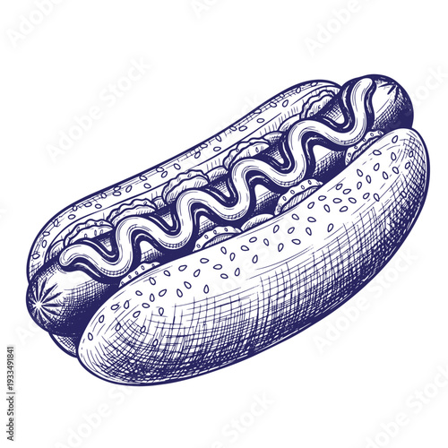 Blue of a hot dog on a bun with sesame seeds food