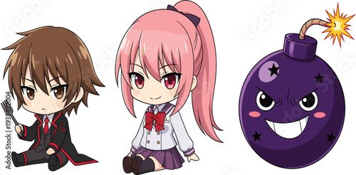 Anime Chibi Characters and Cartoon Bomb Mascot Set Cute Manga Style Illustrations for Stickers Games Social Media and Creative Design Projects