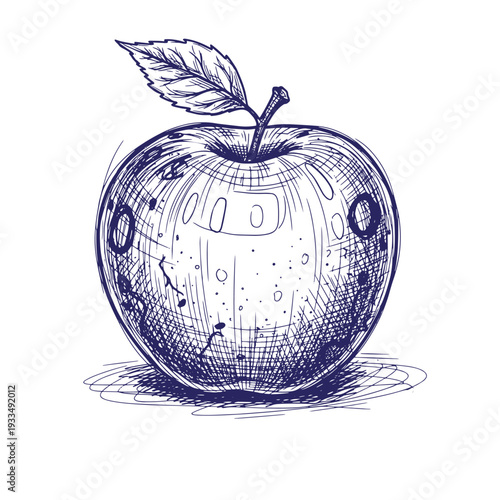 Blue of an apple with a leaf on monochrome line fruit