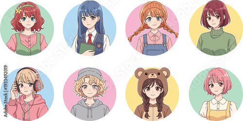 Anime Girl Avatar Collection with Cute Teenage Characters in Casual Outfits for Social Media Profiles, Gaming Icons, Stickers, and Modern Manga Style Vector Set