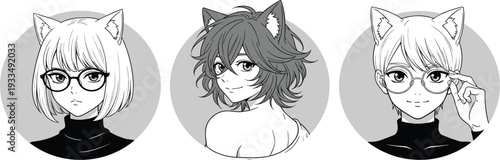 Anime Style Character Portraits Featuring Cute Girls and Boys with Cat Ears and Glasses in Black and White Manga Aesthetic for Social Media Avatars