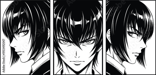 Anime Style Male Character Headshot Set with Sharp Black and White Manga Line Art for Comic Books, Graphic Novels, Avatars, and Japanese Pop Culture Designs