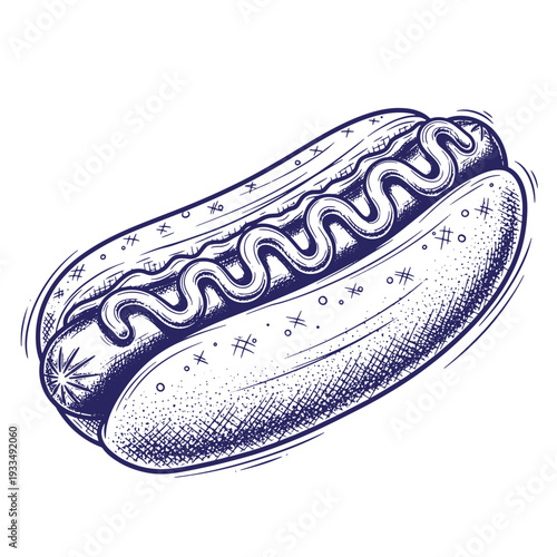 Blue of hot dog on bun with squiggly condiment food