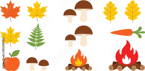 Autumn Fall Season Icon Set with Maple Leaves, Mushrooms, Campfire, Carrot and Apple for Harvest Festival, Thanksgiving and Seasonal Design
