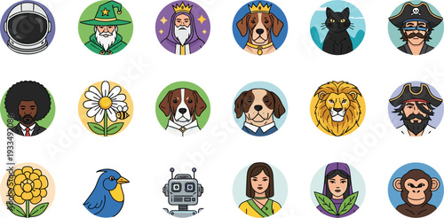 Avatar Icon Set with Human Animal Wizard Pirate Robot and Fantasy Characters Round Profile Collection for Social Media Apps Games and Branding Design