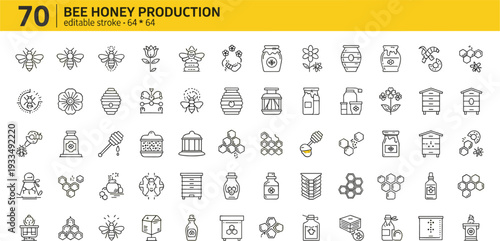 Bee Honey Production Line Icon Set with Beekeeping, Apiary Equipment, Honeycomb, Jar, Hive and Pollination Symbols for Organic Farm Design