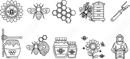Beekeeping and Honey Production Line Icon Set with Bees Hive Honeycomb Jar Flowers and Apiary Tools for Organic Farming and Agriculture Design