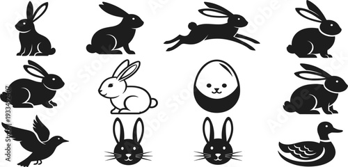 Black Rabbit Silhouette Vector Icon Set Featuring Running Bunnies, Easter Egg Character, Flying Bird, and Duck for Spring Seasonal Graphics and Minimalist Nature Design