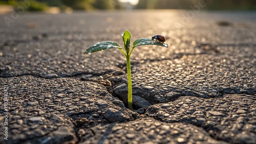Resilient Plant Emerges Through Cracked Asphalt Road.
