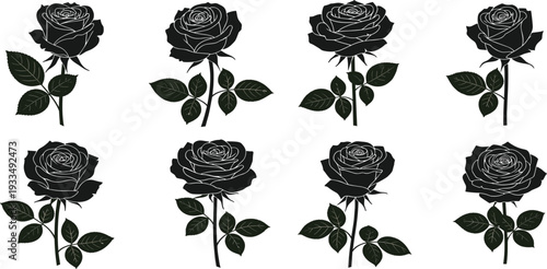 Black Rose Flower Silhouette Collection with Detailed Botanical Floral Elements for Tattoo Design Wedding Decor Romantic Themes and Decorative Vector Illustrations