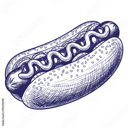 Hot dog with wavy condiment and sesame seeds on a bun