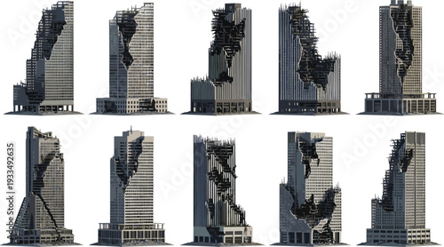 Series of Skyscrapers Collapsing in Various Stages of Destruction from a Distant Viewpoint