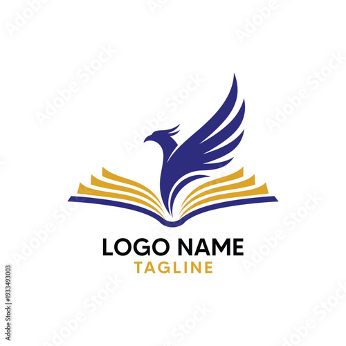 Majestic phoenix bird rising from an open book for school or publishing house logo