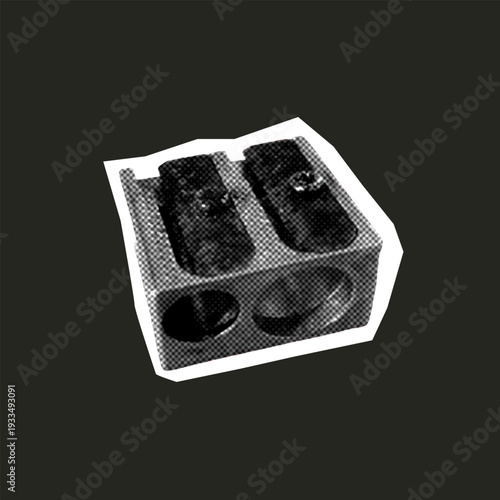 Black and white pencil sharpener in retro cutout style isolated on dark background.