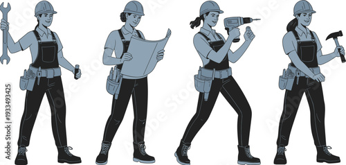 Collection of female construction workers holding tools and blueprints, professional women in building industry illustration isolated on white background